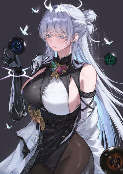 1girl absurdres alternate_breast_size_(larger) black_pantyhose blue_eyes breasts colored_eyelashes commentary dress goddess_of_victory:_nikke halo highres huge_breasts katrinabluuuuu long_hair nayuta_(nikke) orb pantyhose prosthesis prosthetic_arm sideboob simple_background solo two-tone_dress very_long_hair white_background white_eyelashes white_hair