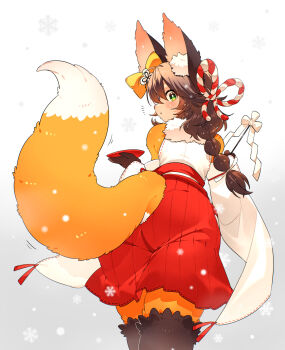 1girl animal_ear_fluff animal_ears animal_nose blush braid brown_hair commentary_request detached_sleeves fox fox_ears fox_girl from_behind furry furry_female green_eyes highres japanese_clothes kouhaku_nawa long_hair looking_back miko orange_fur original red_skirt rope shimenawa single_braid skirt sleeveless snowflakes snowing solo toconikky