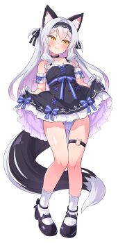 1girl animal_ears arm_garter black_collar black_dress black_hairband black_shoes clothes_lift collar dress dress_lift embarrassed fang fang_out frilled_dress frills full_body gloves gradient_hair grey_hair hairband half_gloves highres lifting_own_clothes long_hair looking_at_viewer looking_to_the_side mary_janes multicolored_hair original panties pink_hair purple_panties shoes simple_background skin_fang sleeveless sleeveless_dress smile socks sweatdrop tail thigh_strap two_side_up ug_(nekonekodou) underwear white_arm_garter white_background white_gloves white_socks yellow_eyes