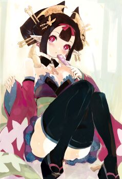 1girl black_hair blush breasts cleavage convenient_leg disgaea folding_fan hand_fan highres japanese_clothes kimono large_breasts looking_at_viewer maiko_(disgaea) makai_senki_disgaea_7 nihongami oiran okobo platform_clogs platform_sandals pointy_ears red_eyes sandals short_kimono sitting solo thighhighs tsutsugano wide_sleeves