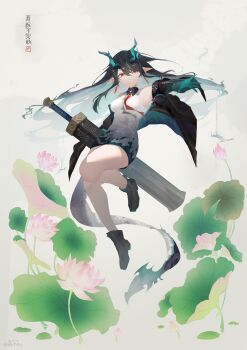 Rule 34 | 1girl, absurdres, ankle boots, arknights, armpits, bare legs, bare shoulders, black boots, black hair, black jacket, blue hair, blue skin, boots, breasts, china dress, chinese clothes, closed mouth, collared dress, colored inner hair, colored skin, dragon girl, dragon horns, dragon tail, dress, dusk (arknights), earrings, floating hair, flower, full body, green horns, green skin, highres, holding, holding sword, holding weapon, horns, jacket, jewelry, lily pad, long hair, looking at viewer, lotus, medium breasts, milktea543, multicolored hair, necktie, off shoulder, open clothes, open jacket, outstretched arm, pink flower, pointy ears, red eyes, red necktie, scabbard, sheath, short dress, sleeveless, sleeveless dress, solo, streaked hair, sword, tail, tassel, tassel earrings, thighs, very long hair, weapon, white dress