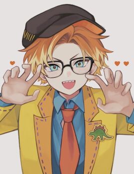 18trip 1boy bespectacled black-framed_eyewear black_hat blonde_hair blue_shirt collared_shirt glasses hat heart isotake_akuta jacket long_sleeves looking_at_viewer male_focus multicolored_hair necktie open_clothes open_jacket open_mouth orange_hair red_necktie sebon_(sebochin) shirt short_hair simple_background smile solo teeth tongue two-tone_hair upper_body upper_teeth_only white_background yellow_jacket
