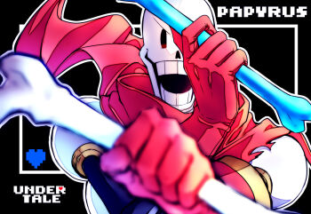 1boy ahin_vpv armor black_eyes bone character_name copyright_name gloves heart holding male_focus papyrus_(undertale) red_gloves red_scarf scarf skeleton smile teeth undertale upper_body utdr_(toby_fox) white_armor