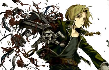 1boy battle_damage belt black_jacket black_pants black_shirt blonde_hair braid brown_belt brown_eyes cable cyborg damaged edward_elric empty_eyes facing_to_the_side fullmetal_alchemist highres injury jacket looking_to_the_side male_focus mechabare mechanical_arms mechanical_hands o21371xc open_clothes open_jacket outstretched_arms pants parted_bangs popped_collar shirt single_braid single_mechanical_arm single_mechanical_hand torn_clothes torn_jacket white_jacket wire