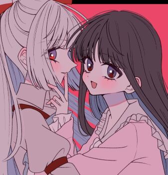 Rule 34 | 2girls, bow, brown hair, collared shirt, commentary request, frilled sleeves, frills, fujiwara no mokou, grey hair, grey shirt, hair bow, houraisan kaguya, long hair, long sleeves, looking at viewer, multiple girls, open mouth, pink background, pink shirt, red eyes, shirt, simple background, smile, suspenders, tamiko (tamik0224), touhou, yuri