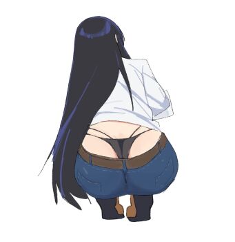 1girl arato_nagi ass belt black_hair black_panties blue_pants boots breasts brown_belt brown_boots denim denpatou facing_away from_behind highres jeans long_hair multi-strapped_panties panties pants ruri_no_houseki shirt simple_background solo squatting thong tiptoes underwear very_long_hair whale_tail_(clothing) white_background white_shirt