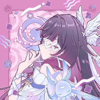 1girl absurdres bismas_bi black_hair closed_eyes closed_mouth columbina_(genshin_impact) commentary_request dress feathered_wings genshin_impact gradient_hair hair_ribbon head_wings highres luonnotar_(genshin_impact) multicolored_hair multiple_wings pink_hair ribbon sidelocks upper_body white_dress white_ribbon white_wings wings wrist_ribbon