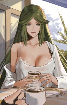 1girl bra bra_peek breasts casual cleavage female_focus green_eyes green_hair highres j@ck jewelry kid_icarus kid_icarus_uprising lace lace-trimmed_bra lace_trim large_breasts long_hair matching_hair/eyes nintendo palutena pov pov_hands smile solo_focus underwear very_long_hair