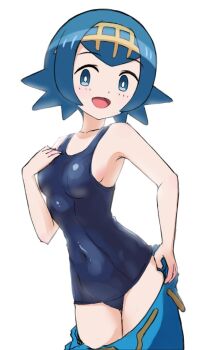 1girl blue_eyes blue_hair blue_one-piece_swimsuit breasts haruma_(messy_illust) lana_(pokemon) nintendo one-piece_swimsuit open_mouth pokemon short_hair small_breasts solo swimsuit