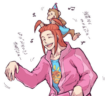 1boy ace_attorney ace_attorney_investigations ace_attorney_investigations_2:_prosecutor's_gambit blue_shirt closed_eyes happy jacket long_hair male_focus monkey music open_mouth pink_jacket red_hair sarushiro_souta shirt singing user_wjwv2283