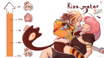 3girls ahoge anger_vein black_dress black_gloves black_shorts blush breasts brown_hair brown_streaks cecilia_immergreen closed_eyes closed_mouth commentary dotted_background dress english_commentary expressionless fingerless_gloves gigi_murin gloves green_eyes green_streaks heart highres hololive hololive_english kiss_meter_(meme) large_breasts long_hair meme mole mole_under_eye mori_calliope multiple_girls open_mouth pink_eyes pink_hair short_hair short_twintails shorts smile sticker_sr tail twintails virtual_youtuber white_hair winding_key yuri