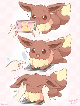 1other :3 anger_vein animal_focus brown_eyes brown_fur closed_mouth commentary_request eevee gen_1_pokemon hands_on_another&#039;s_cheeks hands_on_another&#039;s_face heart highres holding holding_tablet_pc jealous mugita_konomi musical_note nintendo open_mouth pikachu pokemon pokemon_(creature) pokemon_focus pout smile tablet_pc