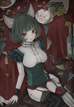 1girl absurdres animal_ears asymmetrical_legwear baby's-breath black_tail blue_nails bob_cut breasts cake cat_ears cat_tail flower food fork frilled_sleeves frills green_hair highres kamitsubaki_studio manuka_x_x medium_breasts original plate red_eyes red_nails short_sleeves sinsekai_record sitting strawberry_shortcake tail valis_(sinsekai)