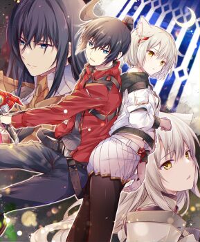 2boys 2girls animal_ear_fluff animal_ears back-to-back black_hair black_pants black_pantyhose blue_eyes cat_ears cat_girl closed_mouth commentary_request dual_persona fingerless_gloves gloves high_ponytail highres holding holding_sword holding_weapon jacket long_hair m_(xenoblade) midriff_peek mio_(xenoblade) multiple_boys multiple_girls n_(xenoblade) noah_(xenoblade) pants pantyhose parted_lips ponytail red_jacket short_hair skirt spoilers sword ui_frara weapon white_gloves white_jacket white_skirt xenoblade_chronicles_(series) xenoblade_chronicles_3 yellow_eyes