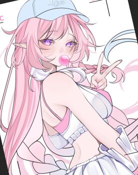 1girl baseball_cap blowing_bubble_gum breasts chewing_gum commentary crop_top cyrene_(anta)_(honkai:_star_rail) cyrene_(demiurge)_(honkai:_star_rail) cyrene_(honkai:_star_rail) diamond-shaped_pupils diamond_(shape) hat highres honkai:_star_rail honkai_(series) large_breasts long_hair looking_at_viewer multicolored_hair official_alternate_costume pink_hair pointy_ears purple_eyes rosheil skirt solo symbol-shaped_pupils two-tone_hair unfinished v very_long_hair white_hair white_skirt