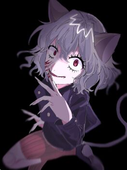 1other animal_ears black_background blood blood_on_face cat_ears cat_girl cat_tail constricted_pupils eyelashes grey_hair hair_between_eyes hashtag-only_commentary highres hunter_x_hunter looking_at_viewer medium_hair moeno_28 neferpitou orange_shorts red_eyes shorts smile tail wide-eyed