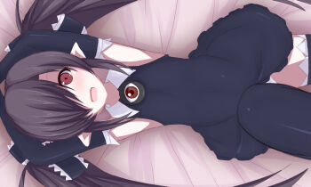 1girl arms_up backbeako_(torotei) backbeard bed_sheet black_dress black_gloves black_hair black_thighhighs blush commentary_request cowboy_shot der_(derm9) dress elbow_gloves flat_chest gegege_no_kitarou gloves hair_over_one_eye hair_ribbon kono_lolicon_domome loli long_hair looking_at_viewer lying on_back open_mouth original panties pointy_ears red_eyes ribbon sideways sleeveless sleeveless_dress solo teeth thighhighs twintails underwear upper_teeth_only very_long_hair white_panties