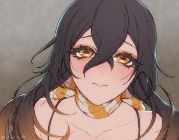 1girl amo_empool bare_shoulders black_hair chainsaw_man closed_mouth crossed_bangs gachiakuta gradient_hair hair_between_eyes horizontal_pupils multicolored_hair orange_eyes orange_hair orange_scarf scarf scene_reference solo two-tone_scarf umesouda white_scarf yellow_eyes