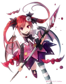 1girl bad_id bad_pixiv_id bat_wings blood bow dress dripping hair_bow looking_at_viewer original polearm single_thighhigh skull spear striped_clothes striped_thighhighs thighhighs twintails water_drop weapon wings yakka