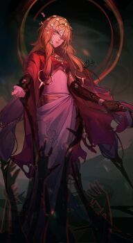 1girl absurdres bell belt black_gloves black_sky blonde_hair bracelet broken_mask cape crop_top eclipse eye_mask facial_mark forehead_jewel full_body ghost_hands gloves gold_belt gold_bracelet gold_necklace grey_eyes hestia_(path_to_nowhere) highres hole_on_body huanmu jewelry lips long_hair looking_ahead mask navel necklace parted_bangs parted_lips path_to_nowhere pelvic_curtain quad_tails red_cape red_shirt shirt signature single_glove sky smoke solar_eclipse solo standing stomach usekh_collar very_long_hair