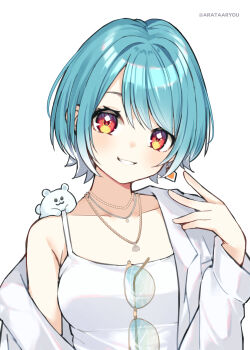 1girl absurdres arata_ryou armpit_crease artist_name bead_necklace beads blue_hair camisole collarbone diamond_earrings earrings eyewear_hang glasses gradient_hair hand_up head_tilt highres jacket jewelry long_sleeves looking_at_viewer multicolored_hair necklace open_clothes open_jacket orange_eyes shiranami_ramune shiranami_ramune_(4th_costume) short_hair simple_background single_earring single_off_shoulder sleeves_past_wrists solo teeth unworn_eyewear upper_teeth_only virtual_youtuber vspo! white_background white_camisole white_hair white_jacket