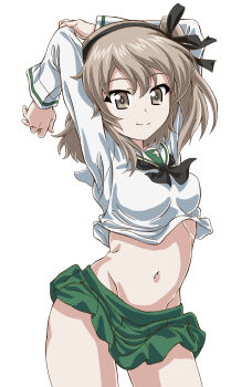1girl 9s0ykoyama117 absurdres arms_behind_head black_neckerchief breasts brown_eyes brown_hair cowboy_shot girls_und_panzer green_skirt hair_ribbon highres jumping long_hair long_sleeves looking_at_viewer medium_hair navel neckerchief one_side_up pleated_skirt ribbon sailor_collar sailor_shirt school_uniform serafuku shimada_arisu shirt simple_background skirt small_breasts solo white_sailor_collar white_shirt