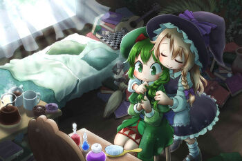 2girls bed bed_sheet black_dress black_footwear blonde_hair blush board_game book bottle bow braid broom chamaji character_request chess chess_piece chessboard closed_eyes coffee coffee_mug coffee_pot commentary_request cup curtains dress floral_print frilled_dress frilled_hat frills green_hair guitar hair_bow hair_brush hat hat_bow highres indoors instrument kirisame_marisa lantern leaf long_sleeves mary_janes messy_room mini-hakkero mug multiple_girls note pillow pot potion shoes short_hair side_braid single_braid skirt smile socks steam touhou touhou_shizenyu tying_hair white_legwear window witch_hat