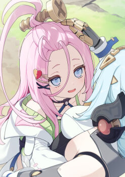 2girls ahoge aino_(genshin_impact) android bangs_pinned_back black_choker blue_eyes blue_hair blush choker coat commentary_request dress genshin_impact green_dress hair_between_eyes hair_ornament hairclip halter_dress halterneck hand_on_another&#039;s_head headgear heart heart_hair_ornament highres hug huge_ahoge ineffa_(genshin_impact) joints long_hair looking_at_another mechanical_arms multiple_girls open_mouth pink_hair robot_joints screw_hair_ornament white_coat x_hair_ornament yuu_maraa