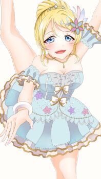 1girl alternate_hairstyle aqua_dress aqua_feathers aqua_ribbon aqua_scrunchie aqua_skirt arm_garter artist_name artist_request ayase_eli ballerina bare_legs bare_shoulders blonde_hair blue_eyes blush bow bracelet braid breasts center_frills choker cleavage collarbone crown_braid dress dress_bow feather_hair_ornament feathers female_focus flower frilled_dress frilled_skirt frilled_thigh_strap frills gem hair_between_eyes hair_bun hair_ornament highres jewelry long_hair looking_at_viewer love_live! love_live!_school_idol_festival love_live!_school_idol_festival_all_stars love_live!_school_idol_project miniskirt necklace noanekosan parted_lips pearl_(gemstone) pearl_necklace pink_flower plaid_clothes plaid_dress plaid_skirt pleated pleated_dress pleated_skirt puffy_short_sleeves puffy_sleeves purple_flower ribbon ribbon-trimmed_legwear ribbon_trim scrunchie short_hair short_sleeves single_hair_bun skirt sleeveless sleeveless_dress smile solo sparkle_hair_ornament star_(symbol) thigh_strap tiara true_arabesque_(love_live!) white_background white_bow white_feathers white_ribbon white_scrunchie white_skirt white_wings wings wrist_scrunchie yellow_flower