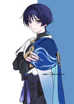 Rule 34 | 1boy, armor, belt, black belt, black bodysuit, black bow, black bridal gauntlets, black hair, black shorts, blue background, blue cape, blunt ends, bodysuit, bow, bridal gauntlets, cape, choppy bangs, closed mouth, cnorkie, commentary, cowboy shot, crossed arms, english commentary, eyelashes, eyeliner, furisode, genshin impact, gold, gold ring, grey pupils, hair intakes, hakama, hakama shorts, hand on own arm, highres, japanese armor, japanese clothes, kimono, kote, kurokote, looking at viewer, makeup, male focus, mandarin collar, middle ring, pleated shorts, purple eyes, purple sash, red eyeliner, sash, scaramouche (genshin impact), shorts, smile, solo, tassel, tsurime, twitter username, two-tone background, wanderer (genshin impact), white background, white kimono, white trim