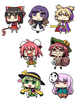 6+girls :> :3 :d absurdres ahoge ambiguous_red_liquid animal_ears ascot bell black_hair black_hat blonde_hair blue_bow blue_bowtie blue_shirt bottle bow bowtie bracelet brown_eyes brown_hair bubble_skirt bun_cover cape closed_mouth detached_sleeves double_bun earmuffs expressionless eyebrows floral_print flower futatsuiwa_mamizou gohei gradient_hair green_eyes green_hair green_skirt hair_bow hair_bun hair_tubes hakurei_reimu hand_on_own_chin hand_on_own_hip hat hat_bow hata_no_kokoro heart highres hijiri_byakuren holding ibaraki_kasen jewelry komeiji_koishi leaf leaf_hat leaf_on_head long_hair long_sleeves looking_at_viewer mask mask_on_head multicolored_hair multiple_girls nobori_ranzu noh_mask open_mouth parody pink_eyes pink_hair plaid_clothes plaid_shirt pointy_hair print_skirt purple_eyes purple_skirt raccoon_ears raccoon_tail red_bow red_skirt ribbon-trimmed_skirt ribbon-trimmed_sleeves ribbon_trim ritual_baton riyo_(lyomsnpmp)_(style) sake_bottle shirt short_hair short_sleeves simple_background skirt skirt_set sleeves_past_wrists smile standing star_(symbol) sweat tabard tail third_eye tokkuri touhou toyosatomimi_no_miko two-tone_hair white_background yellow_bow yellow_eyes