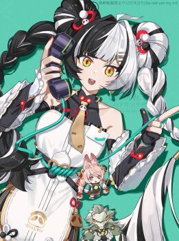 1boy 2girls banyue_(zenless_zone_zero) bare_shoulders black_hair braid commentary_request detached_sleeves dialyn_(zenless_zone_zero) dress highres multicolored_hair multiple_girls phone shidare_(youh4016) split-color_hair twin_braids watermark white_dress white_hair yellow_eyes zenless_zone_zero zhao_(zenless_zone_zero)