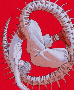 Rule 34 | 1boy, bone tail, commentary request, douk1 1kigire, feet out of frame, highres, original, pants, red background, reptile boy, scales, short hair, solo, spines, topless male, white eyes, white pants