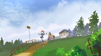 1other 2boys cloud cloudy_sky fire_emblem fire_emblem:_the_binding_blade grass green_hair horse house multiple_boys nintendo noki_(affabile) outdoors path red_hair road roy_(fire_emblem) sign sky tree wolt_(fire_emblem)