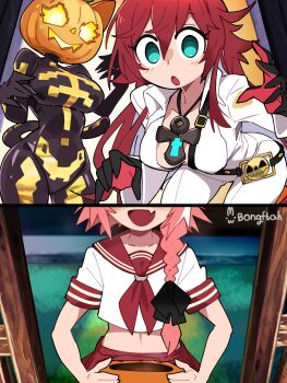 Rule 34 | 1boy, 2girls, :d, :o, absurdres, aqua eyes, artist name, astolfo (fate), astolfo (sailor paladin) (fate), black bodysuit, black bow, blush, bodysuit, bongftah, bow, braid, braided ponytail, breasts, cleavage, commentary request, cropped shirt, crossdressing, crossdressing (mtf), crossover, fate/grand order, fate (series), fortnite, guilty gear, hair between eyes, hair bow, halloween, highres, jack-o'-lantern, jack-o' valentine, large breasts, medium breasts, midriff, miniskirt, multiple girls, navel, neckerchief, open mouth, pants, pink hair, pleated skirt, pumpkin, red hair, red neckerchief, red sailor collar, sailor collar, school uniform, serafuku, shirt, single hair streak, skirt, smile, trap, white pants, white shirt