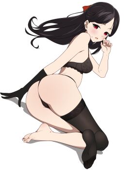 1girl absurdres ass asymmetrical_gloves asymmetrical_legwear black_bra black_gloves black_hair black_panties black_thighhighs bra breasts coro_fae elbow_gloves feet gloves hair_ribbon highres huge_ass kaguya-sama_wa_kokurasetai_~tensai-tachi_no_renai_zunousen~ long_hair looking_at_viewer looking_back open_mouth panties parted_bangs red_eyes red_ribbon ribbon shinomiya_kaguya simple_background single_glove single_thighhigh small_breasts thighhighs thong toes underwear underwear_only uneven_gloves uneven_legwear white_background