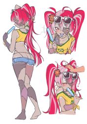 1girl 1other ^_^ absurdres ahoge arm_behind_head arm_up ass bangle bare_arms bare_legs bare_shoulders barefoot belly_chain bikini blue_tongue blush bracelet brazilian_flag brazilian_flag_print brazilian_miku brazilian_miku_(cosplay) butt_crack closed_eyes collarbone colored_skin colored_tongue commentary cosplay cropped_shirt cutoffs dimples_of_venus disembodied_hand earrings english_commentary eyewear_on_head fangs flag_print flower food grey_skin hair_flower hair_ornament hand_in_own_hair hand_on_another&#039;s_head hatsune_miku headpat heart heterochromia highleg highleg_bikini highres hololive hololive_indonesia hoop_earrings jewelry kghazir kureiji_ollie long_hair micro_shorts mole mole_on_ass multicolored_hair multiple_views nail_polish patchwork_skin pink_hair popsicle red_eyes red_hair shirt shorts simple_background single_off_shoulder stitches streaked_hair sunglasses swimsuit symbol-shaped_pupils t-shirt tied_shirt tongue tongue_out twintails very_long_hair virtual_youtuber vocaloid white-framed_eyewear white_background white_hair x-shaped_pupils yellow_eyes yellow_nails yellow_shirt
