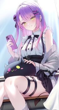 1girl bibi_(tokoyami_towa) black_skirt cardigan cardigan_partially_removed cellphone commentary_request demon_tail ear_chain gradient_hair green_eyes grey_cardigan hair_ornament hairclip heart heart_o-ring high-waist_skirt highres holding holding_phone hololive jirai_kei linked_piercing long_hair looking_at_viewer multicolored_hair nyarome_(nyaromeart) o-ring o-ring_thigh_strap phone piercing pink_hair purple_hair shirt sitting skirt sleeveless sleeveless_shirt smartphone smile socks tail tail_ornament tail_piercing thigh_strap tokoyami_towa tokoyami_towa_(jirai_kei) two-tone_hair virtual_youtuber white_shirt white_socks