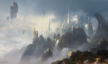 anubis1982918 building castle cliff cloud dome fantasy floating_island floating_rock fog highres hill no_humans original path road rock scenery signature sky towel tower tree water waterfall watermark web_address