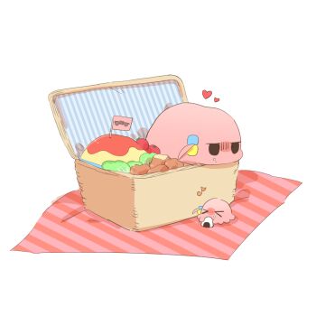 >_< bocchi_the_rock! chicken_(food) commentary_request eating food fried_chicken gotoh_hitori gotoh_hitori_(octopus) gotoh_hitori_(tsuchinoko) heart holding holding_food in_food no_humans omelet omurice onigiri picnic_basket picnic_blanket rebecca_(keinelove) tomato white_background