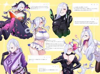 1girl absurdres animal_ear_fluff animal_ears armor beret bikini black_bodysuit black_dress black_gloves black_hat blue_lips blush bodysuit book bow braid breasts brown_pantyhose center_opening choker cleavage clothing_cutout cosplay doll_joints dress earrings elbow_gloves eyeliner fate/grand_order fate_(series) fingerless_gloves fox_ears frills garrison_cap gimp_suit glasses gloves green_ribbon grin hair_bow hair_over_one_eye hair_ribbon hairband hat highres hip_vent hiyayaako jacket japanese_armor jewelry joints kingprotea_(fate) kote koyanskaya_(assassin)_(first_ascension)_(fate) koyanskaya_(fate) koyanskaya_(fate)_(cosplay) koyanskaya_(foreigner)_(first_ascension)_(fate) large_breasts latex latex_bodysuit leonardo_da_vinci_(fate) leonardo_da_vinci_(fate/grand_order) leonardo_da_vinci_(rider)_(fate) leonardo_da_vinci_(rider)_(fate)_(cosplay) leonardo_da_vinci_(swimsuit_ruler)_(final_ascension)_(fate) long_hair long_sleeves looking_at_viewer makeup mask minamoto_no_raikou_(fate) minamoto_no_raikou_(fate)_(cosplay) miniskirt mrs._snake_(fate) multiple_views nursery_rhyme_(fate) nursery_rhyme_(fate)_(cosplay) pantyhose pencil_skirt pink_bow pink_scarf ponytail puffy_short_sleeves puffy_sleeves purple_bodysuit ribbed_sleeves ribbon rope scarf short_sleeves sidelocks skirt smile swimsuit tabard translation_request twin_braids twintails white_bikini white_gloves white_hat white_jacket white_skirt xochitonal_(fate)