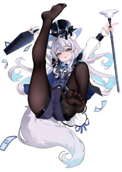 1girl absurdres animal_ear_fluff animal_ears banknote black_hat black_pantyhose blue_eyes blue_shorts blue_vest blush breasts cane chinese_commentary commentary dollar_bill eyebrows_hidden_by_hair full_body hat highres holding holding_cane leg_up long_hair looking_at_viewer money open_mouth original outstretched_arms pantyhose shangtianrudi_xiaobailang shorts simple_background small_breasts smile soles solo spread_arms tail toes top_hat vest white_background white_hair wolf_ears wolf_girl wolf_tail