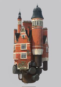 Rule 34 | anthony brault, brick wall, building, dome, electric panel, grey background, highres, no humans, original, science fiction, shadow, sunlight, tower, window, wire