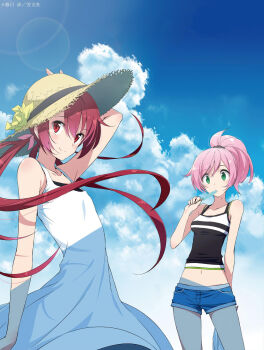 10s 2girls cloud day denim denim_shorts dress flat_chest food green_eyes hat highres ice_cream joukamachi_no_dandelion kasuga_ayumu_(haruhipo) long_hair multiple_girls navel pink_hair ponytail red_eyes red_hair sakurada_akane sakurada_misaki shorts siblings sisters sky sun_hat sundress tank_top twintails