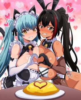 2girls absurdres animal_ears apron bare_shoulders bay_(nikke) bay_(radiant_rabbit)_(nikke) black_gloves black_hair blue_hair blush breast_curtains breast_press breasts cat_ears cleavage clenched_teeth corset covered_navel cowboy_shot dark-skinned_female dark_skin elbow_gloves embarrassed fake_animal_ears food gloves goddess_of_victory:_nikke gradient_background grin hair_intakes heart heart_hands heart_hands_duo highleg highleg_leotard highres hitokiwa_kenchin huge_breasts leotard looking_at_viewer maid maid_apron maid_headdress miniskirt mole mole_under_mouth multicolored_hair multiple_girls official_alternate_costume omelet omurice pink_background ponytail privaty_(nikke) privaty_(unkind_maid)_(nikke) rabbit_ears red_hair see-through_clothes sharp_teeth skirt smile standing star_(symbol) star_sticker sticker sweat symmetrical_docking table teeth twintails two-tone_hair white_gloves yellow_eyes