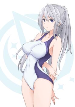 1girl absurdres alice_gear_aegis blue_eyes blush breasts competition_swimsuit cowboy_shot grey_hair highres kondou_chieri large_breasts long_hair looking_at_viewer one-piece_swimsuit ponytail smile solo swimsuit tubamesaapoo two-tone_one-piece_swimsuit white_background white_one-piece_swimsuit