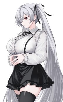 1girl absurdres alternate_costume black_bow black_skirt black_thighhighs bow breasts center_frills cinderella_(nikke) closed_mouth collared_shirt commentary_request frills from_side goddess_of_victory:_nikke grey_hair grey_nails hair_over_one_eye highres jirai_kei large_breasts long_hair long_sleeves mamenoki_sp nail_polish one_eye_covered red_eyes shirt simple_background skirt solo thighhighs thighs twintails very_long_hair white_background white_shirt zettai_ryouiki