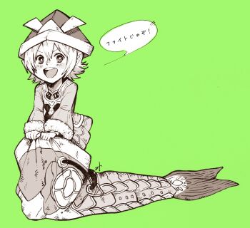 Rule 34 | 1boy, bad id, bad pixiv id, cosplay, dwarf (grimms notes), fish costume, full body, fur-trimmed sleeves, fur trim, grey background, greyscale, grimms notes, hair between eyes, hat, highres, jacket, koimodoki (grimms notes), looking at viewer, male focus, misoshiru umai4, monochrome, short hair, simple background, solo, speech bubble, standing, translation request, wide sleeves