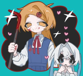 Rule 34 | 2girls, blonde hair, blood, blood on face, blood on hands, bloody weapon, blue dress, blue eyes, collared shirt, commentary request, crowbar, dress, hands up, heart, heterochromia, highres, holding, holding crowbar, ladybug hair ornament, long hair, long sleeves, momose kikka, multiple girls, neck ribbon, original, pinafore dress, red ribbon, ribbon, shirt, sleeveless, sleeveless dress, sparkle, speech bubble, thought bubble, weapon, white eyes, white hair, white shirt