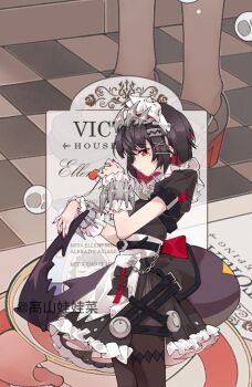 1girl apron black_dress black_hair black_pantyhose candy colored_inner_hair dress ellen_joe fins fish_tail food frilled_wristband hairband hashtag-only_commentary high_heels holding holding_candy holding_food holding_lollipop lollipop maid maid_apron maid_headdress metal_hairband mole mole_under_eye multicolored_hair pantyhose razor_blade_hair_ornament red_hair red_nails shark_girl shark_tail short_hair solo spiked_headband tail washan zenless_zone_zero